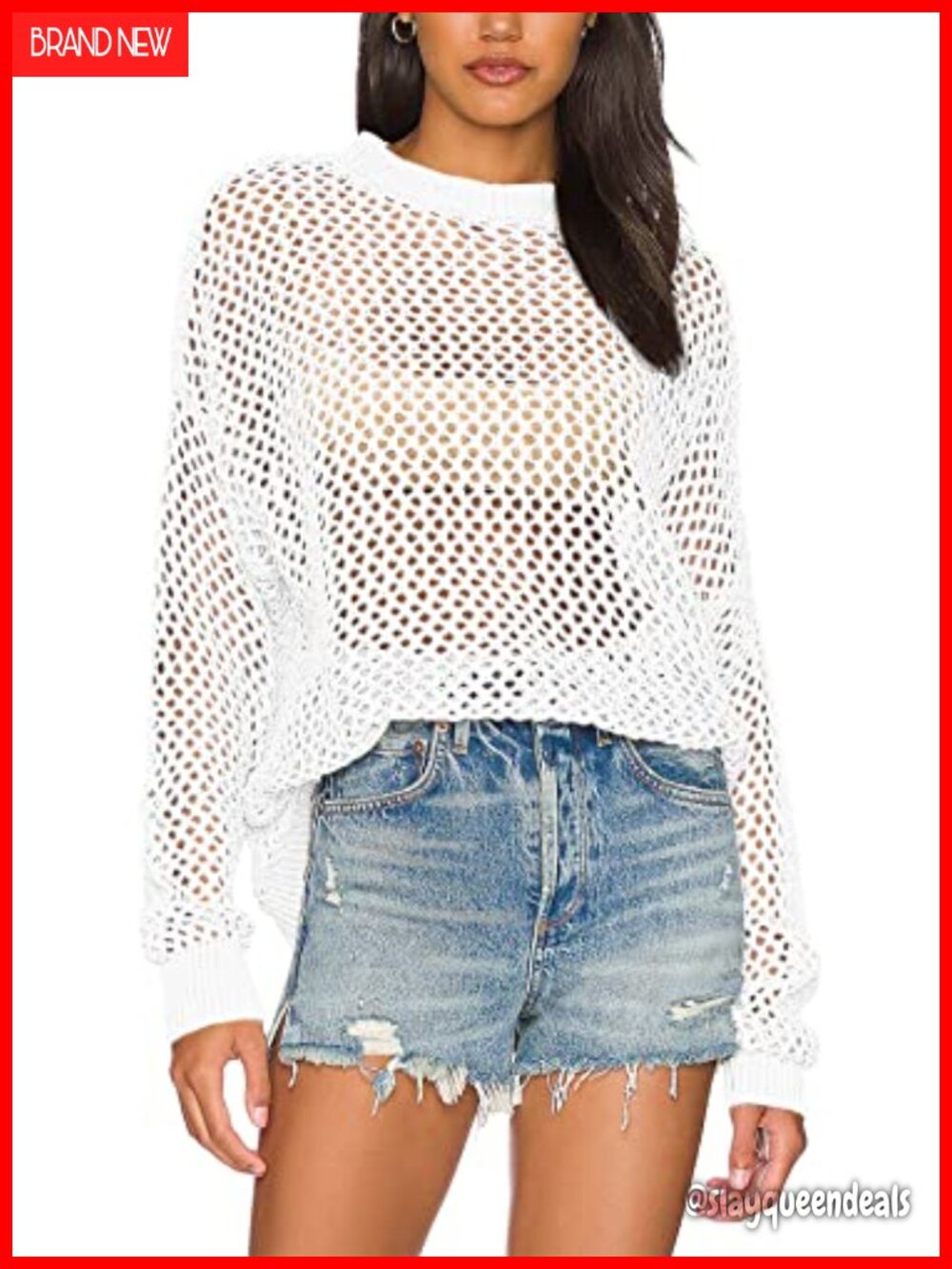 Womens Crochet Mesh Tunic Top Long Sleeve Swim Cover Up